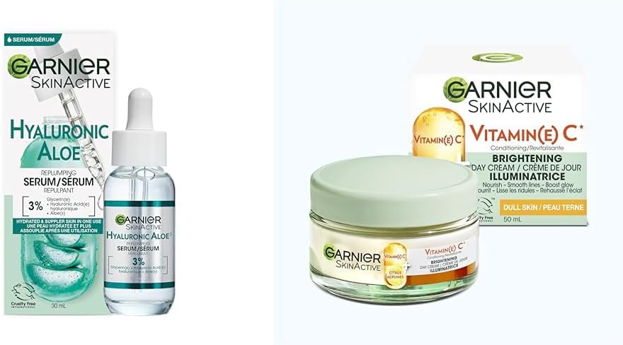 Garnier Aloe Vera Serum, With Hyaluronic Acid and Aloe, Replumping and Hydrating & Vitamin C* Brightening Day Cream with Super Citrus, Nourishes and Boosts Skin Glow, SkinActive - 50ml