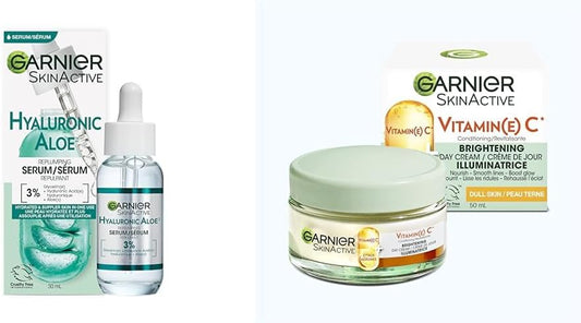 Garnier Aloe Vera Serum, With Hyaluronic Acid and Aloe, Replumping and Hydrating & Vitamin C* Brightening Day Cream with Super Citrus, Nourishes and Boosts Skin Glow, SkinActive - 50ml