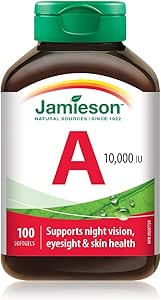 Jamieson 維生素 A 10,000 IU 軟膠囊，有助於視力和皮膚健康。不含麩質、乳糖、人工色素和香精，100 粒裝，加拿大製造