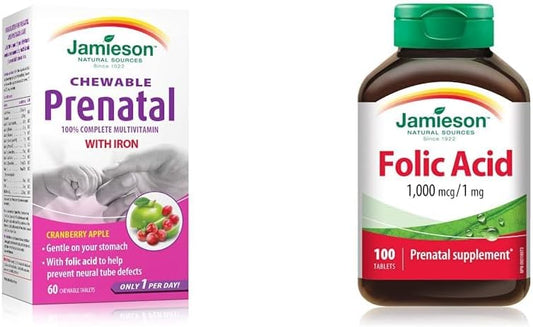 Jamieson Prenatal Chewable 60's 60 Tablets & Folic Acid 1000mcg 100's 100 Tablets