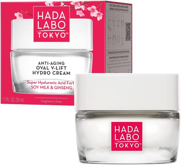 Hada Labo Tokyo Anti-Aging Oval V-Lift Hydro Cream – Face Moisturizer with Super Hyaluronic Acid, Soya Milk, and Ginseng for Firming, Hydrating, and Rejuvenating Effects - Fragrance Free