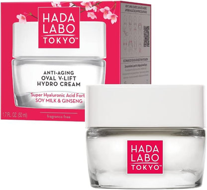Hada Labo Tokyo Anti-Aging Oval V-Lift Hydro Cream – Face Moisturizer with Super Hyaluronic Acid, Soya Milk, and Ginseng for Firming, Hydrating, and Rejuvenating Effects - Fragrance Free