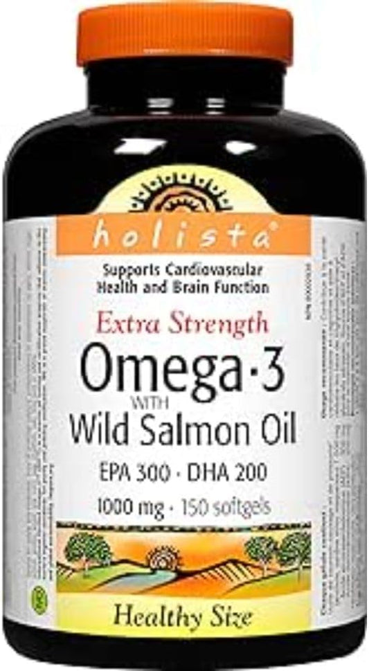 Holista Omega-3 魚油，1000 毫克，超強效，含野生鮭魚油，150 粒軟膠囊，可支持心臟、大腦和關節健康