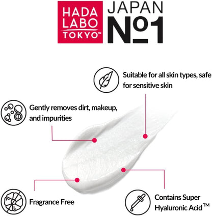 Hada Labo Tokyo 温和洁面乳 – 含超级透明质酸的保湿洁面乳 – 适合所有肤质 – 去除彩妆和杂质