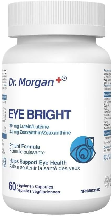 摩根博士 EYE BRIGHT 眼部補充劑，含越橘、葉黃素、玉米黃質和β-胡蘿蔔素 - 支持黃斑功能、夜視和抗氧化保護 - 60 粒膠囊