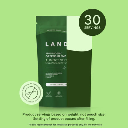 Landish Adaptogenic Greens Powder - Canadian-Grown Organic Greens, Spirulina, Functional Roots & Mushrooms - Energy, Digestion & Immunity - Vegan, Gluten & Caffeine-Free - Made in Canada - 180 g