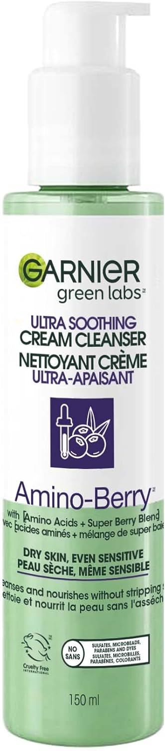 Garnier Green Labs Amino-Berry Soft Gentle Facial Cream Cleanser Hydrates and Soothes Skin, 150 mL