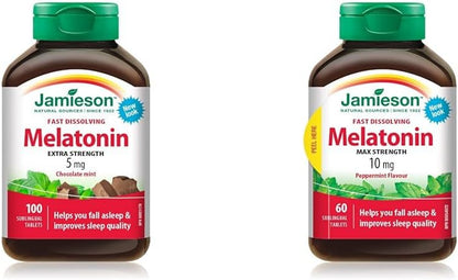 Jamieson 褪黑激素 5 毫克强效 - 巧克力薄荷味速溶片，100 片 & 褪黑激素 10 毫克强效 - 薄荷味速溶片，60 片（1 包）