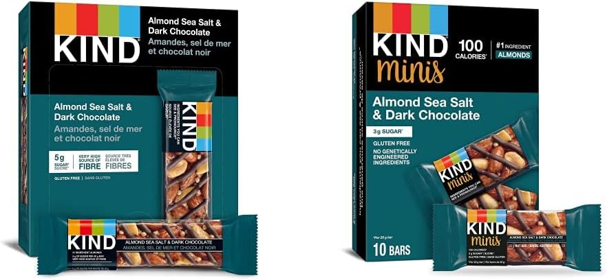 KIND 巧克力棒，黑巧克力坚果和海盐味，无麸质，低糖，40 克，12 块；迷你装，杏仁海盐和黑巧克力，无麸质，100 卡路里，低糖，20 克，10 块