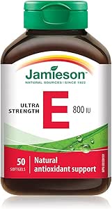 Jamieson 強效維生素 E 800 國際單位軟膠囊，天然抗氧化劑，有助於預防組織損傷和維生素 E 缺乏症。不含麩質，不含人工香料、色素或防腐劑，50 粒裝，加拿大製造