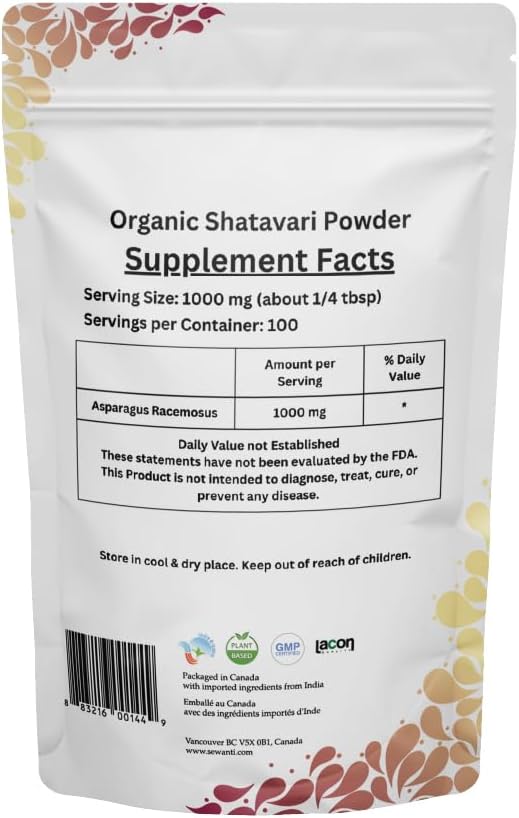 Organic Shatavari Powder 200g/ NPN 80092467/ Asparagus Racemosus/Adaptogen/Energy & Stress
