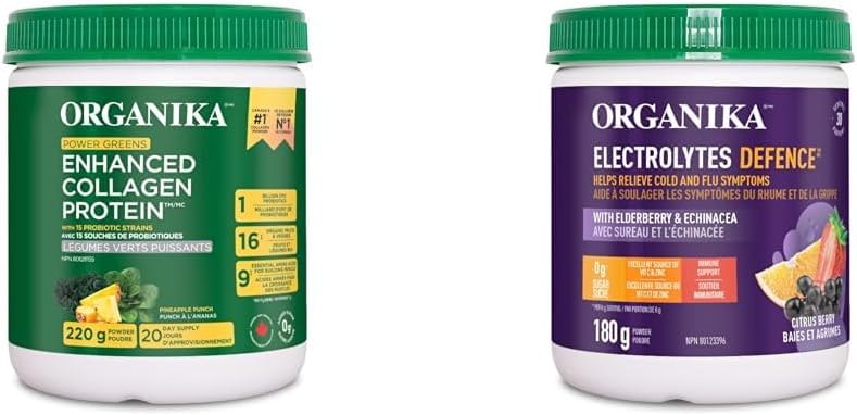 Organika 增強膠原蛋白能量綠葉蔬菜 - 含 16 種有機水果和蔬菜，以及接骨木果和紫錐菊電解質防禦 - 柑橘漿果 - 免疫系統支持