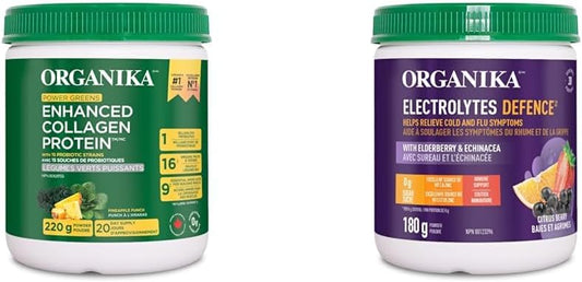 Organika 增強膠原蛋白能量綠葉蔬菜 - 含 16 種有機水果和蔬菜，以及接骨木果和紫錐菊電解質防禦 - 柑橘漿果 - 免疫系統支持