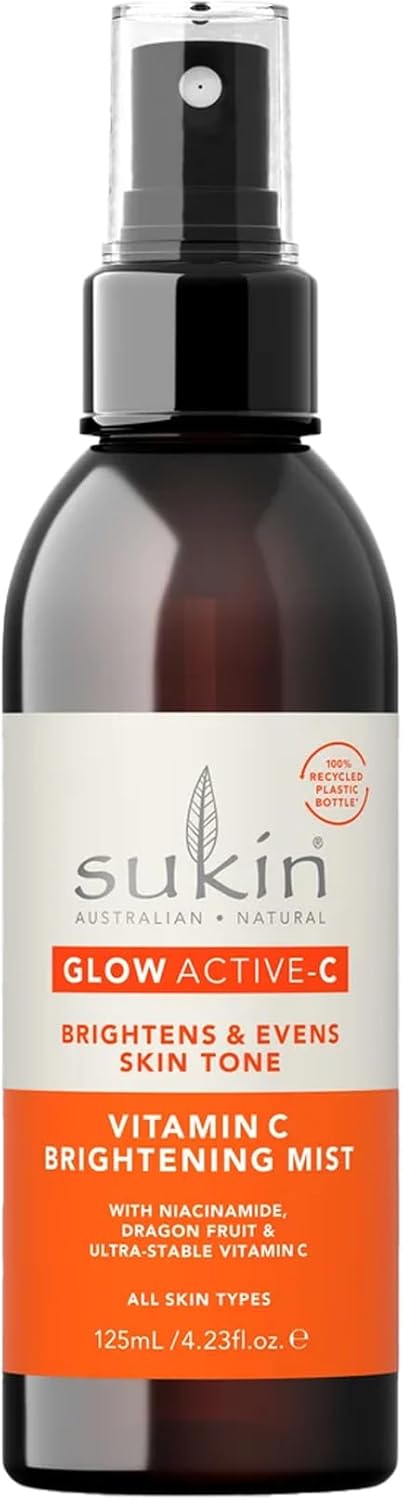 Sukin Glow Active-C Vitamin C Face Brightening Mist – Facial Mist for Dull or Dehydrated Skin with Niacinamide, Aloe Vera and Lavender, Vegan, Cruelty Free, Mineral Oil Free, Sulfate Free, Paraben Free – 125 mL