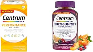 Centrum Performance Multivitamins/Minerals Supplement, 75 Tablets (Packaging May Vary) & Women MultiGummies, Multivitamins/Minerals Gummies, Cherry, Berry, and Orange Flavours, 130 Gummies