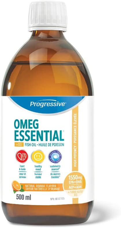 OmegEssential + Vitamin D Liquid Fish Oil Supplement - 1,000 mg EPA + 550 DHA, Orange flavour, 500 ml | All natural, cold water, wild caught