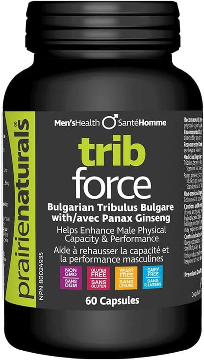 Prairie Naturals Trib Force 蒺藜和保加利亞蒺藜膠囊 - 增強體能。人參。健康的血糖水平。認知功能。緩解精神疲勞。非基因改造。無麩質。無酵母。無乳製品 - 60 攝氏度…