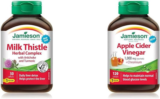 Jamieson Herbal Complex Milk Thistle (Daily Liver Detox), 30 Count (Pack of 1) & Apple Cider Vinegar 1,000 mg Plus Chromium - Gluten-Free