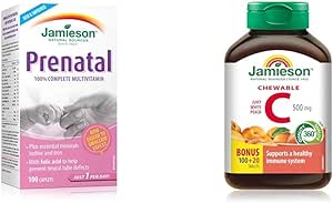Jamieson 產前複合維生素 100 粒膠囊（包裝可能有所不同）和咀嚼片維生素 C 500 毫克 - 白桃口味，120 粒（1 包）