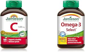 Jamieson Vitamin C 1,000 mg Timed Release Caplets, 100 Count (Pack of 1) & Omega-3 Select 1,000 mg