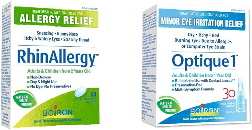 Boiron RhinAllergy 可缓解打喷嚏、流鼻涕和眼睛发痒等过敏症状，Optique 1 眼药水可缓解轻微眼部刺激，如干涩、发痒或发红灼热
