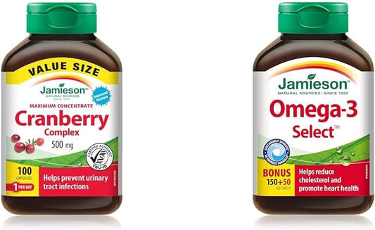 Jamieson 蔓越莓複合物 500 毫克最大濃縮物 - 超值裝，素食，非基因改造，無麩質，100 粒（1 包）和 Omega-3 精選 1,000 毫克