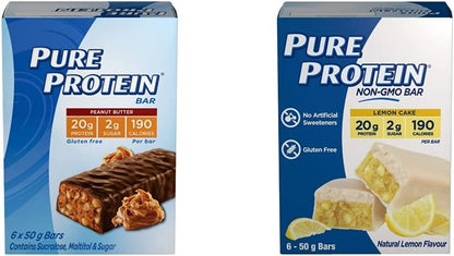 Pure Protein Bars - Nutritious, Gluten Free Whey Protein Blend Bars | Chocolate Peanut Butter + Lemon Cake (Pack of 12)