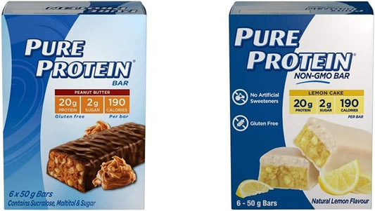 Pure Protein Bars - Nutritious, Gluten Free Whey Protein Blend Bars | Chocolate Peanut Butter + Lemon Cake (Pack of 12)