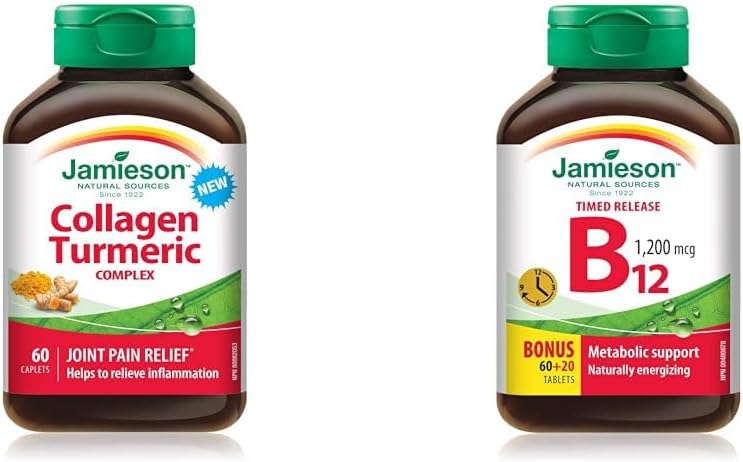 Jamieson 胶原蛋白姜黄复合物，60 片装，含维生素 B12（钴胺素）1200 微克，定时释放，80 片装