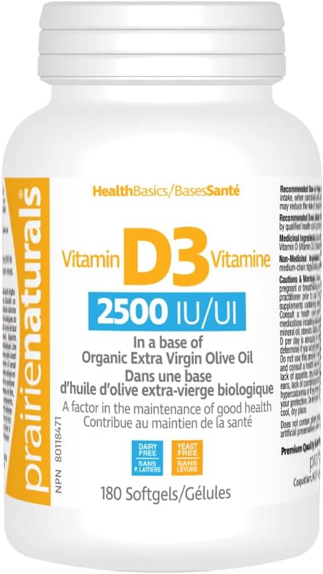 Prairie Naturals 維生素 D3 膽鈣化醇 2,500 IU 有機特級初榨橄欖油軟膠囊 - 180 粒