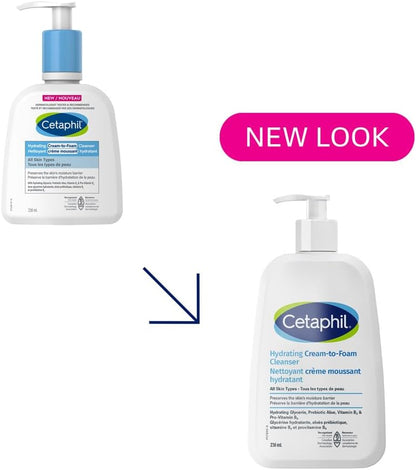 Cetaphil Cream to Foam Face Wash, Hydrating Foaming Cream Cleanser, For Normal to Dry, Sensitive Skin, with Soothing Aloe,Glycerin and Niacinamide, Hypoallergenic, Fragrance Free, 236 ml
