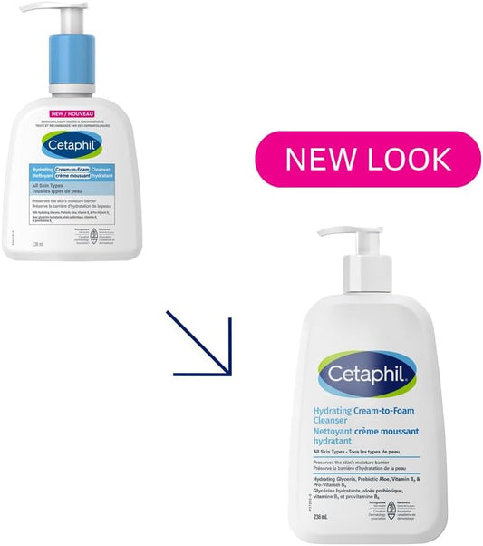 Cetaphil Cream to Foam Face Wash, Hydrating Foaming Cream Cleanser, For Normal to Dry, Sensitive Skin, with Soothing Aloe,Glycerin and Niacinamide, Hypoallergenic, Fragrance Free, 236 ml