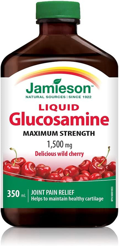 Jamieson 强效葡萄糖胺口服液，1500 毫克，野樱桃味，缓解关节疼痛，支持骨关节炎，并防止软骨退化。不含麸质、乳糖和人工香料，350 毫升，加拿大制造