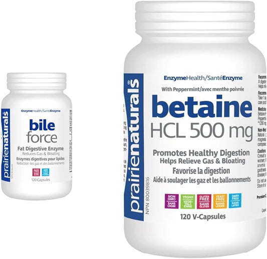 Prairie Naturals Bile-Force - 膽鹽與脂肪酶 - 120 粒（包裝可能有所不同）和 Prairie Naturals 甜菜鹼鹽酸鹽 500 毫克素食膠囊 - 120 粒