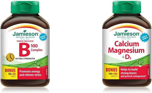 B100 复合超强效定时释放 - 加量装，非转基因，无麸质，黄色，120 粒（1 包）- 包装可能有所不同，含钙、镁和维生素 D3