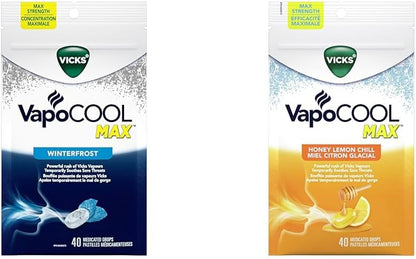 Vicks VapoCOOL Max 药用滴剂，用于暂时缓解咳嗽和咽喉痛 & VapoCOOL Max 药用滴剂，用于暂时缓解咳嗽和咽喉痛，蜂蜜柠檬冰镇口味，40 粒装