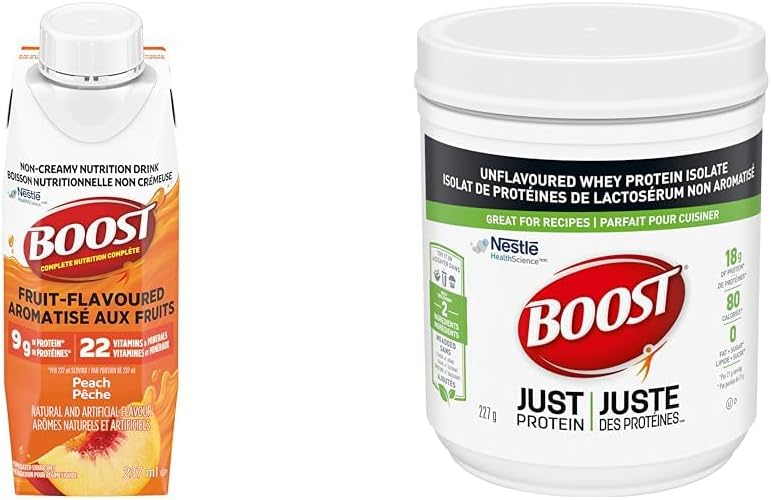 Boost 水果味饮料桃子味，237 毫升，24 支装 & JUST Protein 无味速溶乳清分离蛋白粉，227 克（1 包）- 包装可能有所不同