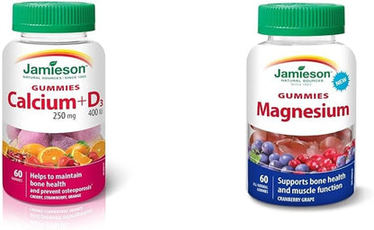 Jamieson Calcium + Vitamin D 60 Gummies & Magnesium Gummies - Cranberry Grape Flavour, 60 Count (Pack of 1)