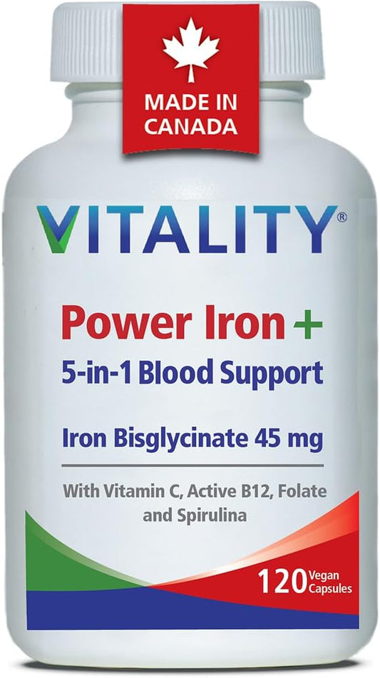 VITALITY Power Iron Bisglycinate 高劑量 45 毫克 - 含 B12 1000 微克、維生素 C、葉酸、高吸收率造血鐵補充劑,適用於缺鐵的男性和女性,120 粒素食膠囊