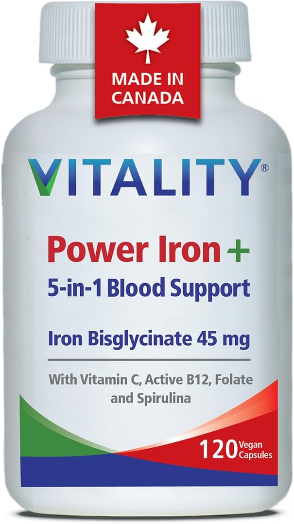 VITALITY Power Iron Bisglycinate 高劑量 45 毫克 - 含 B12 1000 微克、維生素 C、葉酸、高吸收率造血鐵補充劑，適用於缺鐵的男性和女性，120 粒素食膠囊