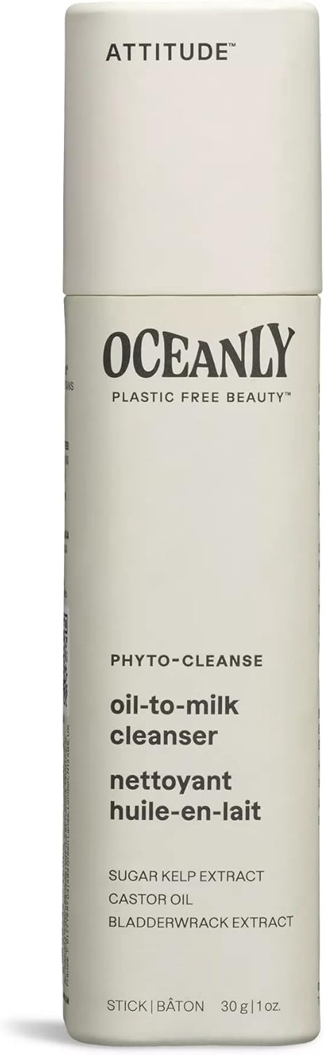 ATTITUDE Oceanly Oil-to-Milk Face Cleanser Stick, Made in Canada, EWG Verified, Plastic-free, Plant and Mineral-Based Ingredients, Vegan and Cruelty-free Beauty Products, PHYTO CLEANSE, Unscented, 30 grams