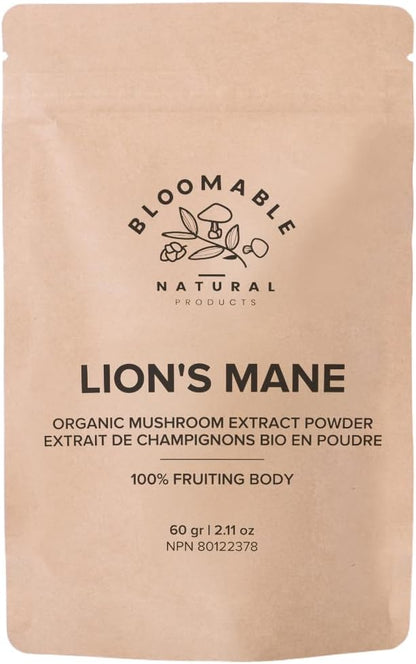 Bloomable 狮鬃菇提取物粉 – 100% 子实体，有机，热水提取物 – 60 克 – 有益大脑健康、记忆力和注意力 – 可添加到咖啡、茶、冰沙中（60 份）