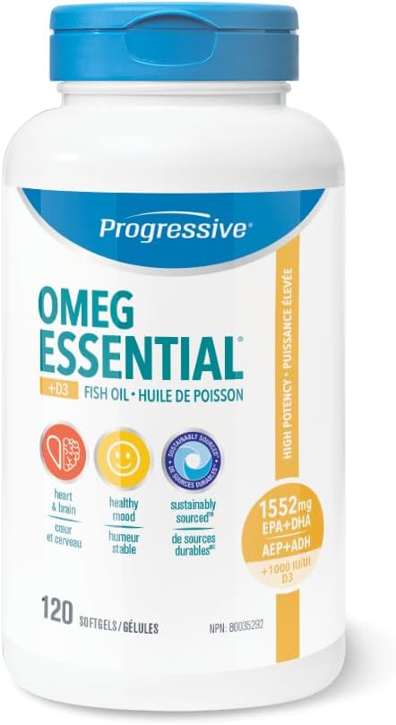 OmegEssential + 維生素 D 成人魚油補充劑 - 1,000 EPA + 550 DHA，120 粒軟膠囊 | 全天然、冷水、野生捕撈