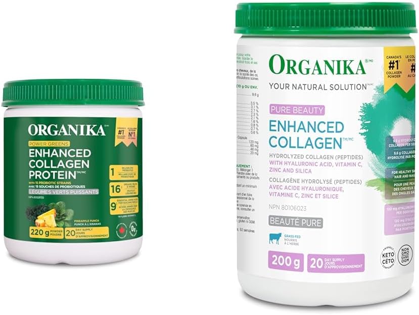 Organika 增強型膠原蛋白 Power Greens - 含 16 種有機水果和蔬菜以及增強型膠原蛋白 Pure Beauty - 膠原蛋白、透明質酸、維生素 C、鋅的組合