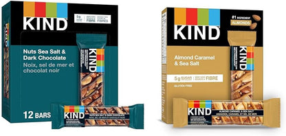 KIND 能量棒，坚果海盐黑巧克力，无麸质，低糖，40 克，12 块；水果坚果焦糖杏仁海盐，无麸质，低糖，1.4 盎司，5 块
