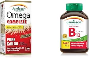 Jamieson Omega Complete 純磷蝦油 500 毫克加強型 - 100 粒軟膠囊，包裝可能有所不同，維生素 B12（鈷胺素）1200 微克，定時釋放，80 片