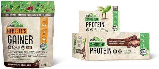 Athlete's Gainer Protein Powder, Natural Chocolate Flavour, 2.5 kg | Vegan and Non-GMO(Packaging May Vary) & Iron Vegan Sprouted Protein Bars | Double Chocolate Brownie Flavour | 12 Pack