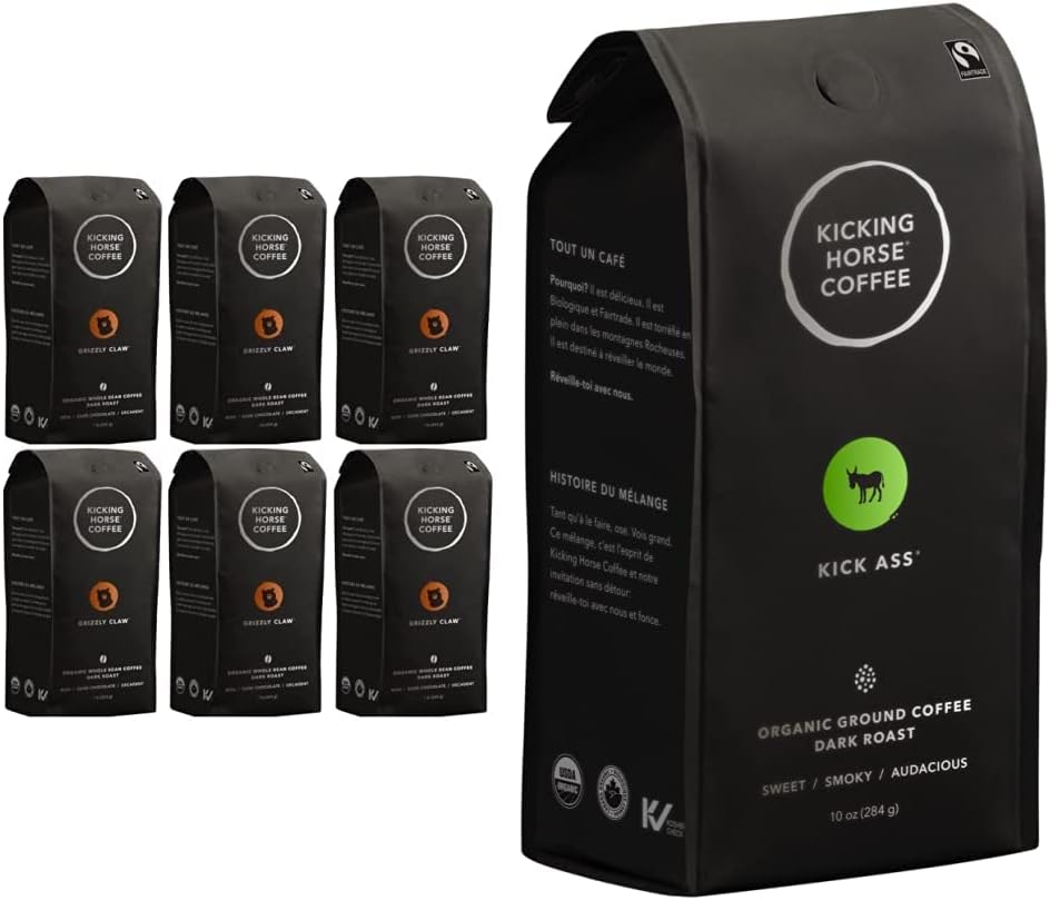 Kicking Horse Coffee Grizzly Claw，深度烘焙，全豆，1 磅（6 包）- 有机认证、公平贸易、犹太洁食 & Kick Ass，深度烘焙，研磨，284 克 - 有机认证、公平贸易、犹太洁食咖啡