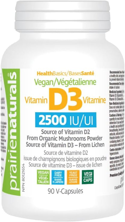 Prairie Naturals 素食维生素 D 2,500 IU，来自地衣和蘑菇 - 90 粒素食胶囊
