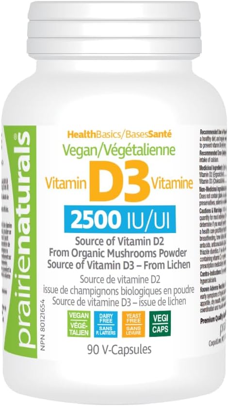 Prairie Naturals 素食维生素 D 2,500 IU，来自地衣和蘑菇 - 90 粒素食胶囊